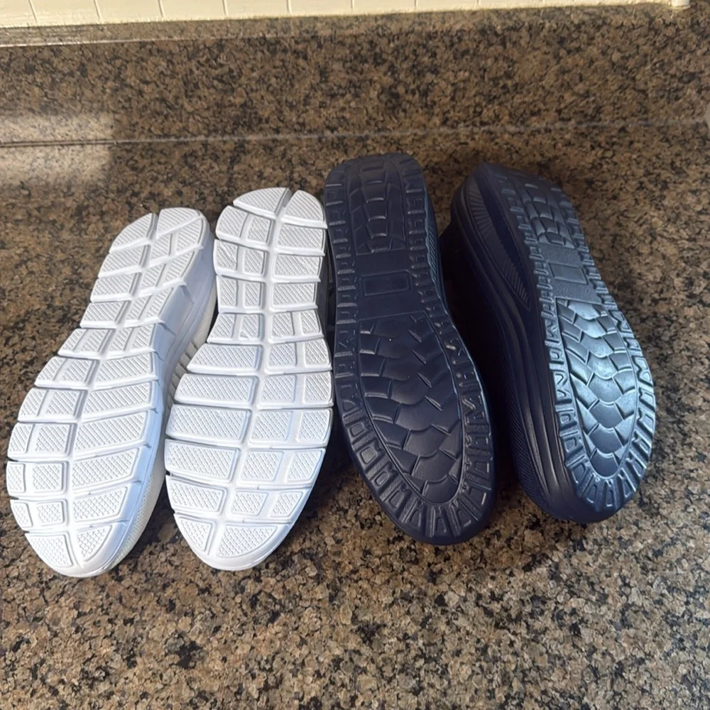 White and Navy Knit Sneakers